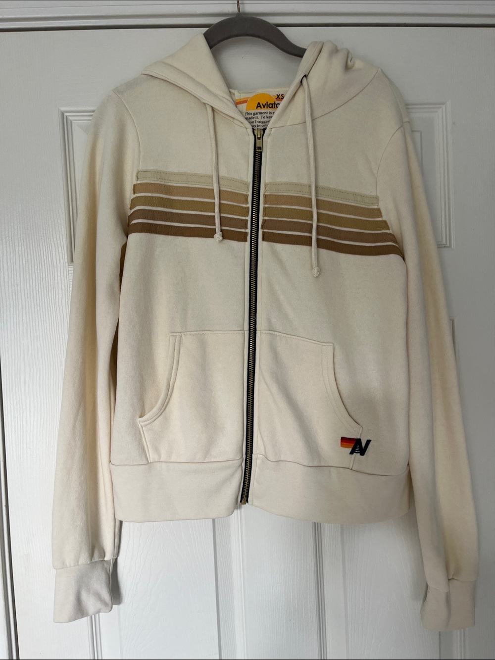 Aviator Nation Five Stripe Vintage White/Tan Zip Hoodie - Picture 3 of 7